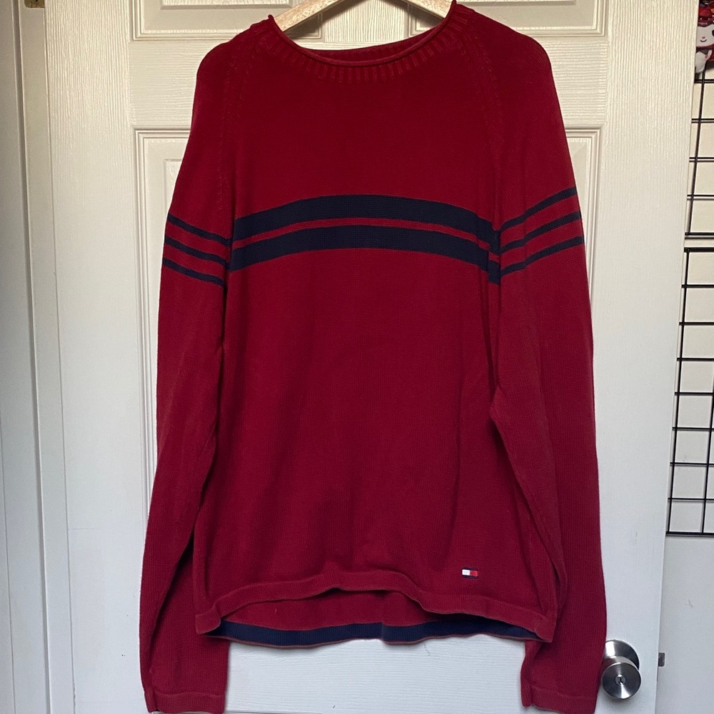 Vintage Tommy Hilfiger Men's Red Sweater with Navy Stripes